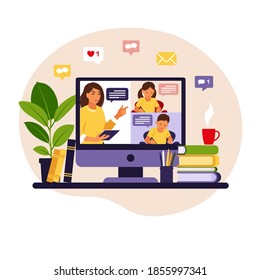 Online learning concept. Online class. Teacher at chalkboard, video lesson. Distance study at school. Vector illustration. Flat style.