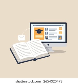 Online Learning Concept with Computer Book and Graduation Cap Illustration