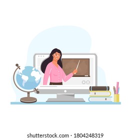 Online learning concept design. Young woman teacher on computer screen. Teacher holding pointer and giving video lesson. Vector illustration.