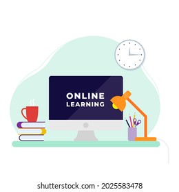 Online learning concept. Desktop computer, lamp, books, coffee cup and supplies office on desk. Back to school. Vector illustration, flat design