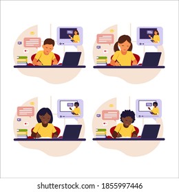 Online learning concept. Different kids sitting behind desk studying online using his computer. Vector illustration. Flat style.