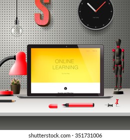 Online learning, concept for distance education, workspace with laptop on the table, vector illustration.