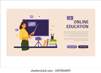 Online learning concept. Online education landing page. Teacher at chalkboard, video lesson. Distance study at school. Vector illustration. Flat style.