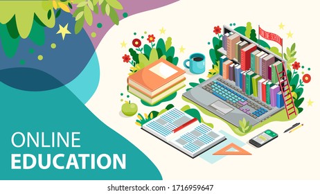 Online Learning Concept. Online Education With Laptop. Distance Learning. Vector Illustration.