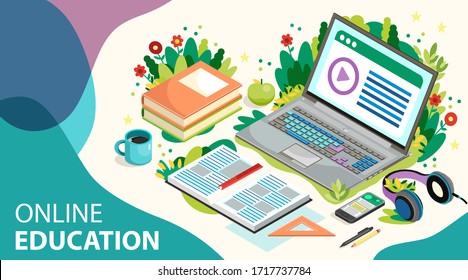 Online Learning Concept. Online Education With Laptop And Pupils. Distance Learning. Vector Illustration.