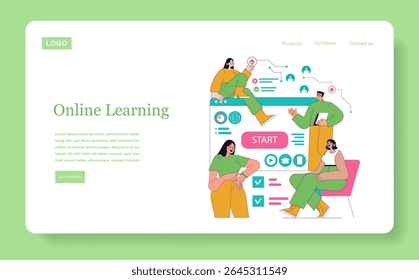 Online Learning concept. Engaging digital environment featuring diverse individuals interacting with technology for education. Promotes online courses, digital platforms, and personalized learning