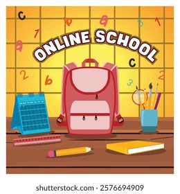 Online learning concept, featuring a backpack, school supplies, a calendar, and themed decor enhancing a conducive academic environment. Flat vector modern illustration 