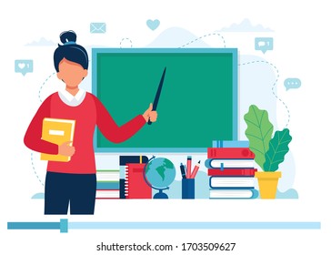 Online learning concept. Female teacher with books and chalkboard, video lesson. Vector illustration in flat style