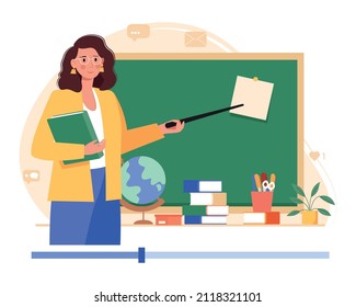 Online learning concept. Female teacher with books and chalkboard video lesson. Computer screen with female teacher in classroom explaining the lesson. Digital classroom. Flat vector illustration.