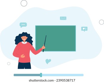 Online learning concept. Female teacher with chalkboard, video lesson.flat vector illustration.