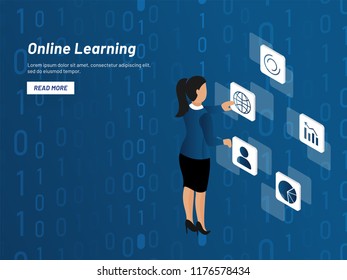 Online Learning concept with a girl with multiple web applications on binary coding background for responsive web template design.