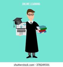 Online Learning Concept with graduated man holding computer and text books .illustration EPS10.