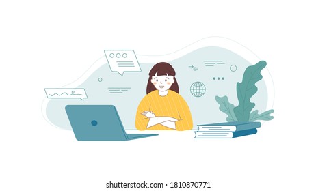 Online learning concept. Happy girl watching webinar. Distance education using laptop. Remote communication. Chat with skype, zoom tutor, video calling. Home work place. Vector illustration.