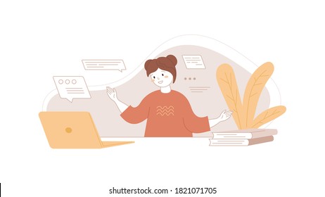 Online learning concept. Happy girl talking on video with the teacher. Distance education using laptop. Remote communication. Web calling, chat with tutor. Home work place. Vector picture.