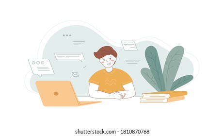 Online learning concept. Happy school student watching webinar. Distance education using laptop. Remote communication. Video calling, chat with skype, zoom tutor. Home work place. Vector illustration.
