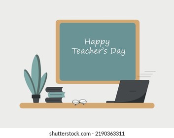 Online learning concept Happy teacher s day Vector teacher's table illustration in flat style