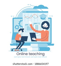 Online learning concept. Internet classes. Online learning metaphors. Educational webinar. Online teacher. Webinar. Digital class. Graphic elements set. Vector illustration in flat style.