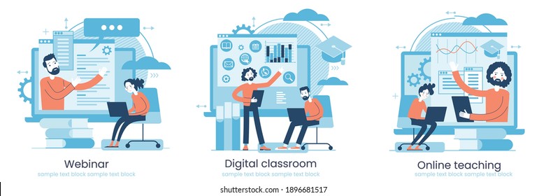 Online learning concept. Internet classes. Online learning metaphors. Educational webinar. Online teacher. Webinar. Digital class. Graphic elements set. Vector illustration in flat style.