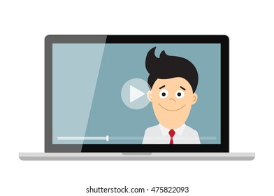 Online learning concept. Laptop monitor with teacher, tutor, businessman and play button. Online learning or e-learning and webinar. Concept of vlogging or blogger.