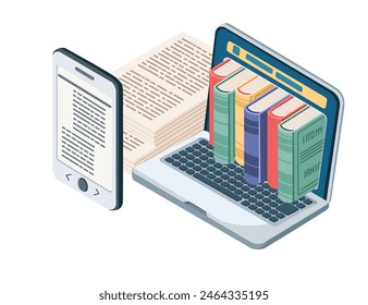 Online learning concept with laptop and stack of hardcover books on screen vector illustration isolated on white background