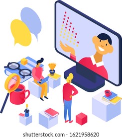 Online learning concept, lecture on laptop screen for students people vector illustration isometric isolated. Positive teacher communicates with listeners online. Books, cups, magnifier, glasses.