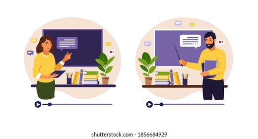 Online learning concept. Man and woman teachers at chalkboard, video lesson. Distance study at school. Vector illustration. Flat style.