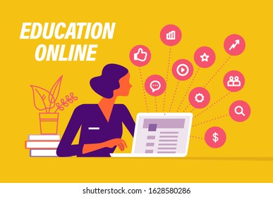 Online learning concept. People at laptop metaphor, video, social media, communication icons. Vector flat illustration.