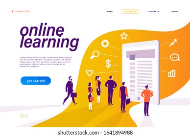 Online learning concept. People at tablet metaphor, video, social media, communication icons. Landing page design template, mobile app, ui. Vector flat illustration.