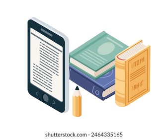 Online learning concept with Portable e-book reader and stack of hardcover books vector illustration isolated on white background