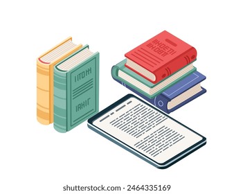 Online learning concept with Portable e-book reader and stack of hardcover books vector illustration isolated on white background