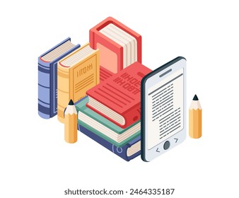 Online learning concept with Portable e-book reader and stack of hardcover books vector illustration isolated on white background