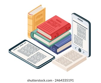 Online learning concept with Portable e-book reader and stack of hardcover books vector illustration isolated on white background