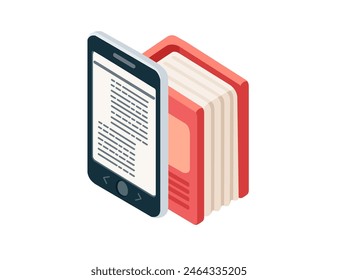 Online learning concept with Portable e-book reader and books vector illustration isolated on white background