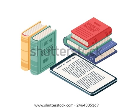 Online learning concept with Portable e-book reader and stack of hardcover books vector illustration isolated on white background