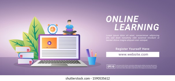 Online learning concept. Register for courses and study online. Digital education. Suitable for web landing page, marketing, advertising, promotion, banner. Vector illustration