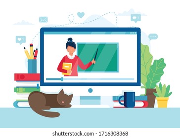 Online learning concept. Screen with female teacher and chalkboard, video lesson. Vector illustration in flat style