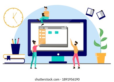 Pantalla de concepto de aprendizaje en línea con carpetas, libros, lápices, relojes y varios caracteres. Ilustración vectorial.
