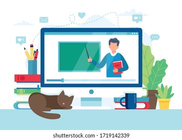 Online learning concept. Screen with teacher and chalkboard, video lesson. Vector illustration in flat style