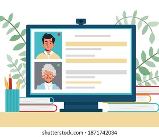 Konzept des Online-Lernens. Bildschirm mit Lehrern und Textunterricht. Vektorgrafik.