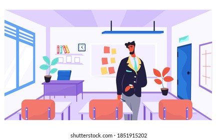 Concepto de aprendizaje en línea. Profesora sonriente cerca del tablero con notas de papel en clase vacía, lección de video. Un hombre imparte formación en negocios. Ilustración de vectores en conferencia en línea de estilo plano