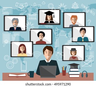 Online learning concept. Student, teacher and group. Distance education vector