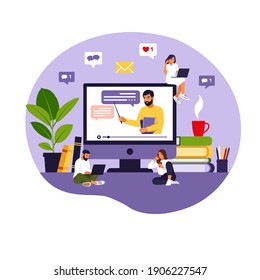 Online learning concept. Teacher at chalkboard, video lesson. Distance study at school. Vector illustration. Flat style.