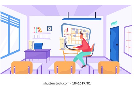 Online learning concept. Teacher with laptop near the board with paper notes in empty class, video lesson. A man conducts business training. Vector illustration in flat style online conference