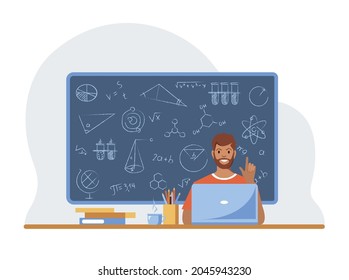 Online learning concept. Teacher with laptop and chalkboard, video lesson. Vector illustration in flat style