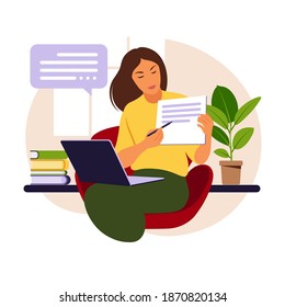 Online learning concept. Teacher with lesson book behind laptop, video lesson. Distance study at school. Vector illustration. Flat style.