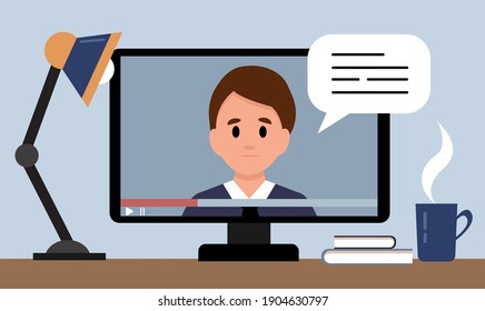 Online learning concept. The teacher teaches the lesson online. Vector illustration in flat style.