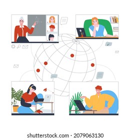 Concepto de aprendizaje en línea. El profesor enseña a estudiantes de todo el mundo. Oportunidades de educación a distancia. Ilustración vectorial plana sobre fondo blanco.