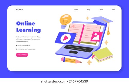 Online Learning concept A vibrant display of e-learning tools, from laptops to e-books, symbolizing the new era of digital education Knowledge at one's fingertips Vector illustration