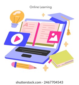 Online Learning concept A vibrant display of e-learning tools, from laptops to e-books, symbolizing the new era of digital education Knowledge at one's fingertips Vector illustration