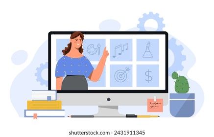 Concepto de aprendizaje en línea. Mujer en el monitor de la computadora o pantalla. Educación y formación a distancia. El profesor da una conferencia en internet. Ilustración plana del vector de la historieta aislada sobre fondo blanco